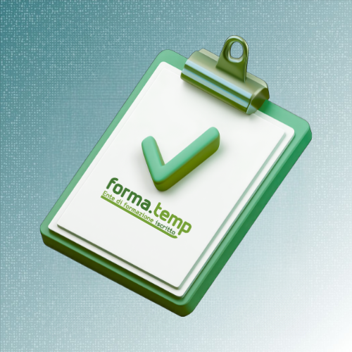 Clipboard verde con segno di spunta e logo forma.temp, ente di formazione iscritto